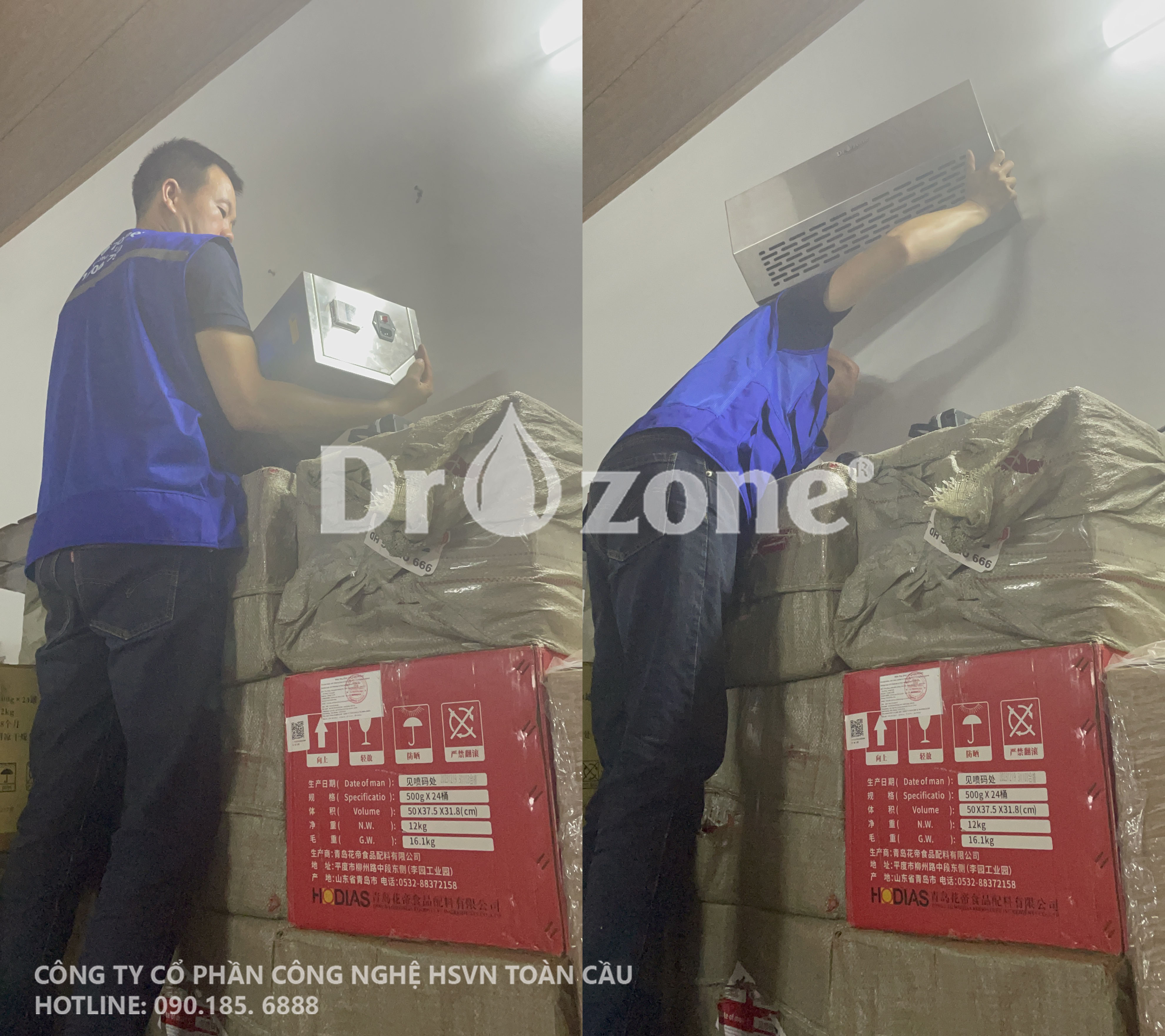 Kỹ thuật của Dr.Ozone tiến hành lắp đặt máy Ozone Titan 10 tại kho chứa dược liệu của anh Quảng