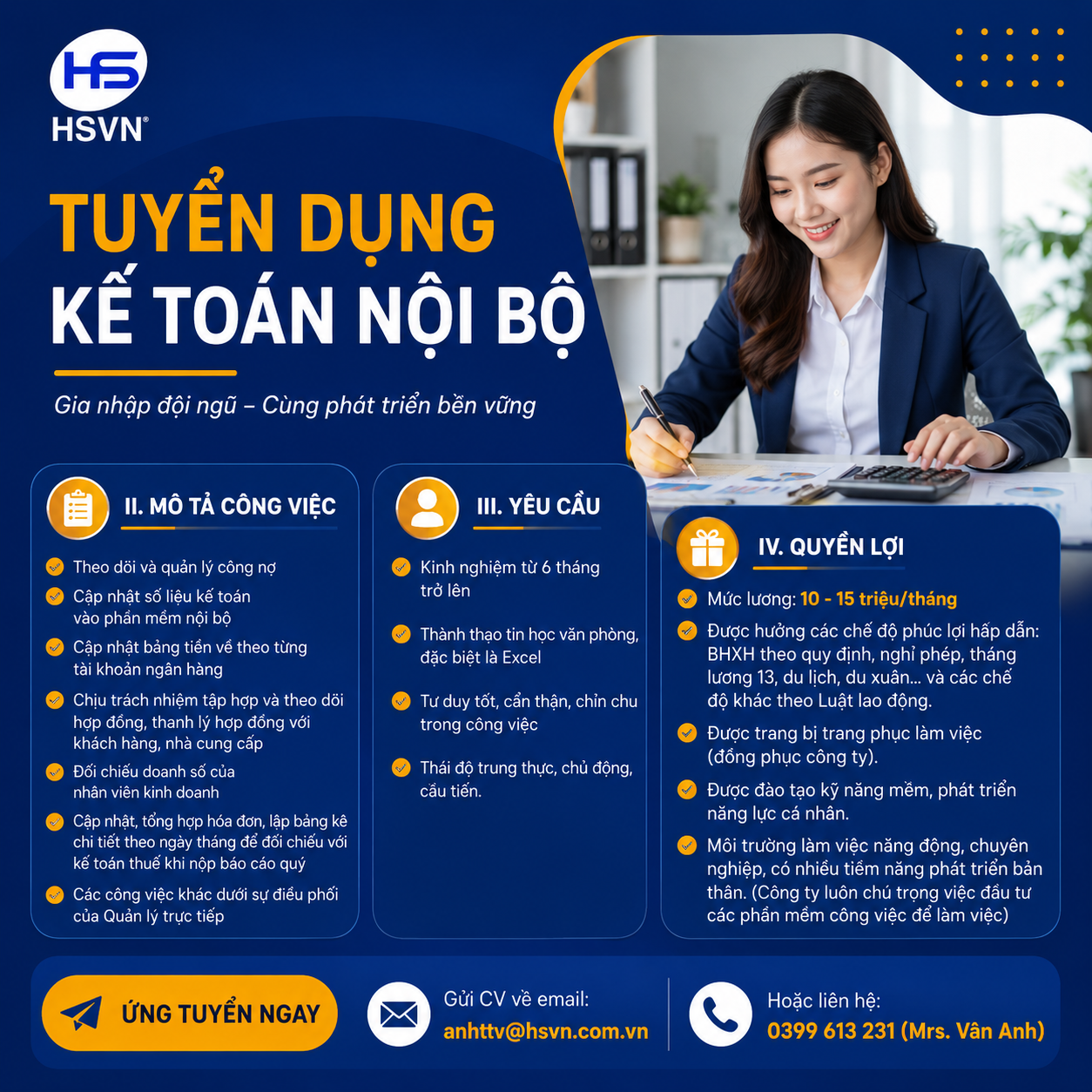 HSVN Toàn Cầu tuyển nhân viên kế toán nội bộ khu vực Hà Nội tháng 6/2026